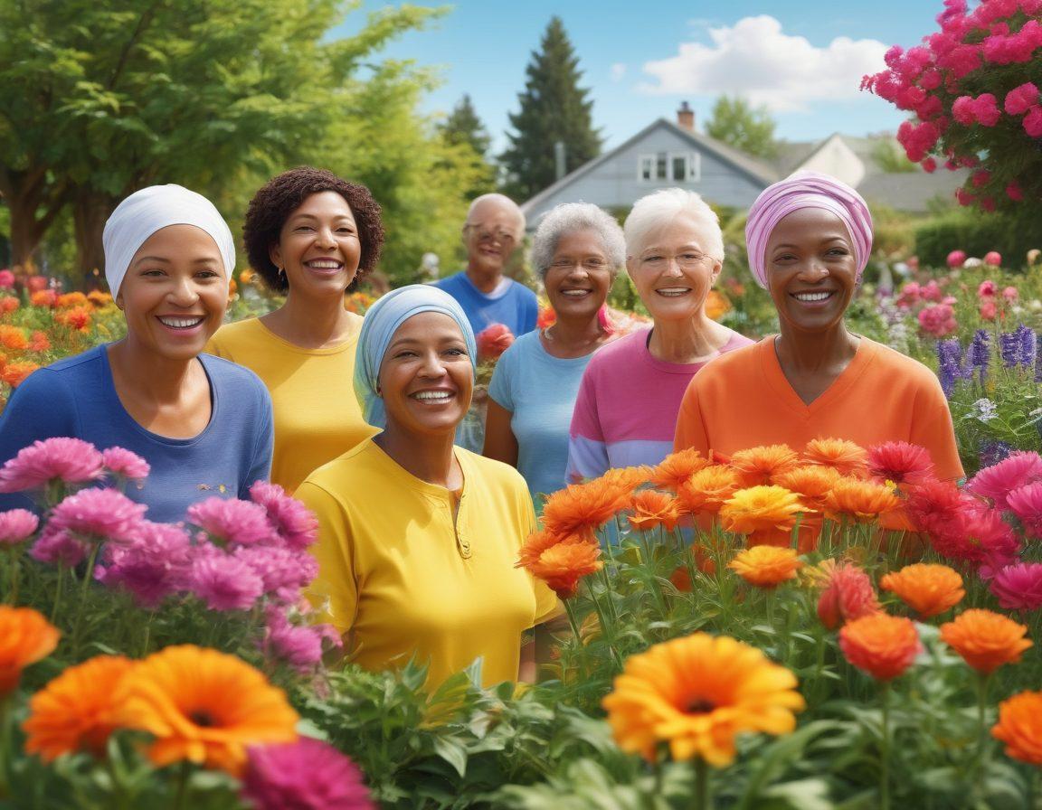 A powerful illustration of a diverse group of cancer patients joyfully advocating for themselves, surrounded by vibrant flowers symbolizing growth and resilience. The scene should depict banners with hopeful messages, with a background of a lively community garden showcasing bright colors. Expressions of determination and support among the group create an uplifting atmosphere. The image should evoke feelings of empowerment and community. super-realistic. vibrant colors. 3D.