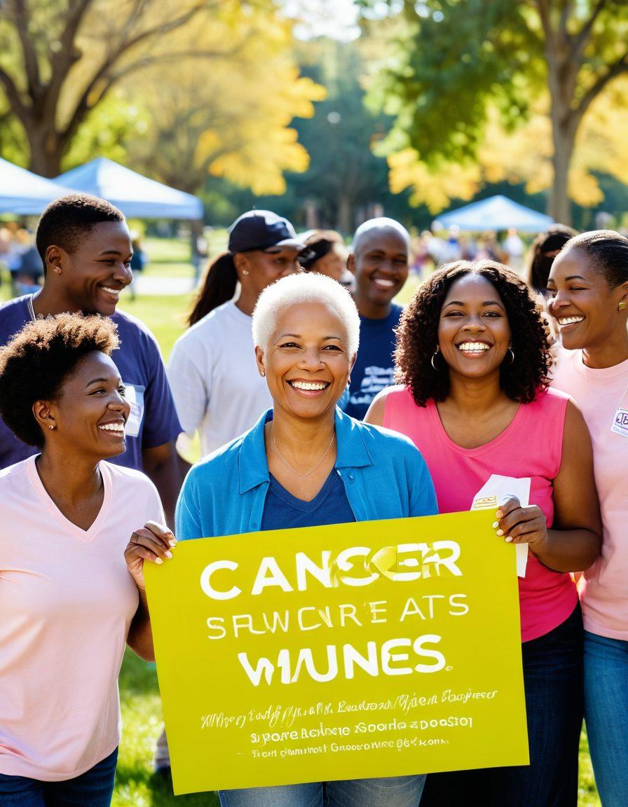 A warm and inviting community gathering, showcasing diverse cancer survivors sharing laughs and support together in a sunny park. Include resources like pamphlets and informational boards in the background, symbolizing hope and recovery. The setting should convey a sense of unity and strength, with colorful banners that promote wellness. Soft lighting and cheerful expressions to emphasize positivity. vibrant colors. super-realistic. natural setting.
